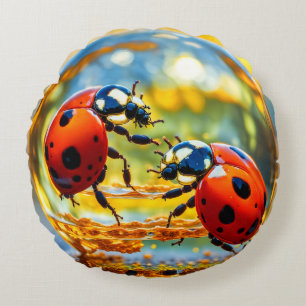 Ladybugs in a drop of water round cushion