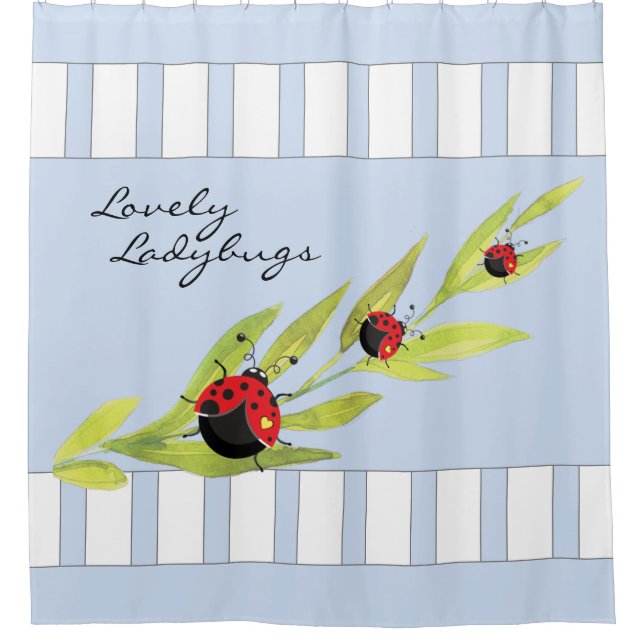 Ladybugs | Lovely Blue & White Shower Curtain (Front)