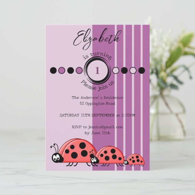 Ladybugs name turning 1 red purple 1st Birthday Invitation (Standing Front)