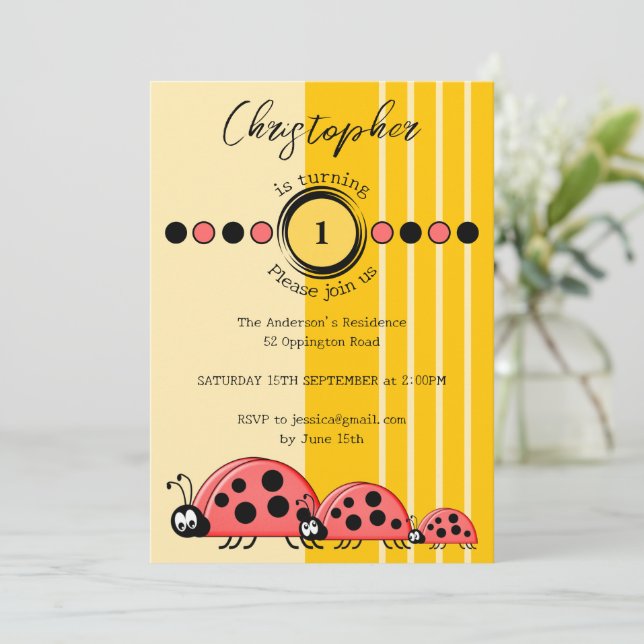 Ladybugs name turning 1 red yellow 1st Birthday Invitation (Standing Front)