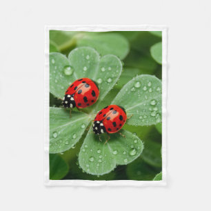 Ladybugs on Dewy Leaves Throw Fleece Blanket