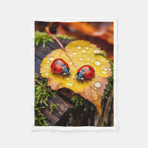 Ladybugs on Wet Autumn Leaf Macro Photography Flee Fleece Blanket