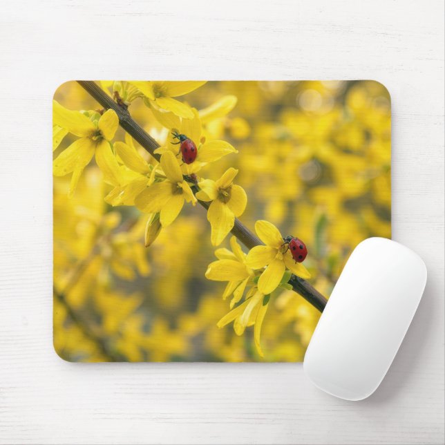 Ladybugs on Yellow Forsythia Branch Mouse Mat (With Mouse)