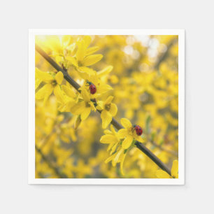 Ladybugs on Yellow Forsythia Branch Napkin