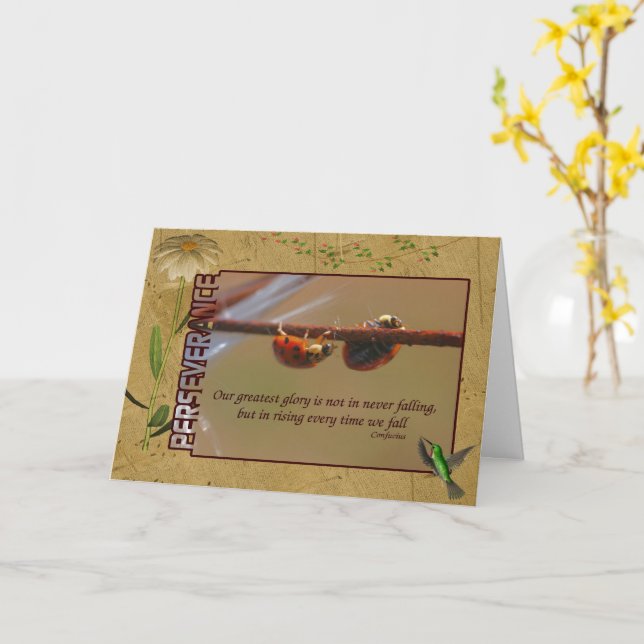 Ladybugs Perseverance Inspirational Quote Card (Yellow Flower)