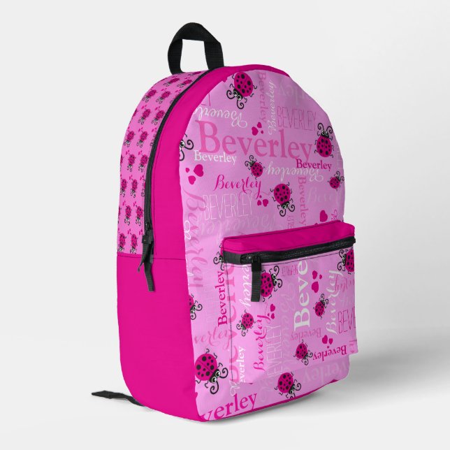Ladybugs personalised name all over pink printed backpack (Back Corner Left)