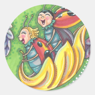 LADYBUGS RIDING ON FALLING AUTUMN LEAVES, FUN BUG CLASSIC ROUND STICKER