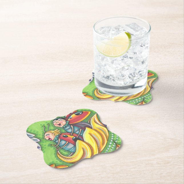 LADYBUGS RIDING ON FALLING AUTUMN LEAVES, FUN BUG PAPER COASTER (Insitu)