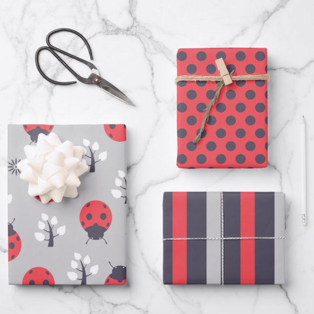 Ladybugs Stripes Polka Dots Wrapping Paper Set (Front)