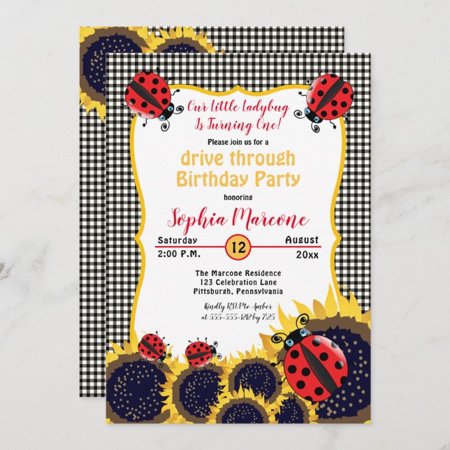 Ladybugs Sunflowers 1st Drive Thru  Birthday Party Invitation (Front/Back)