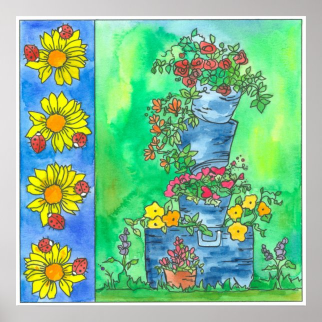Ladybugs Sunflowers Red Roses Watercolor Flowers Poster (Front)