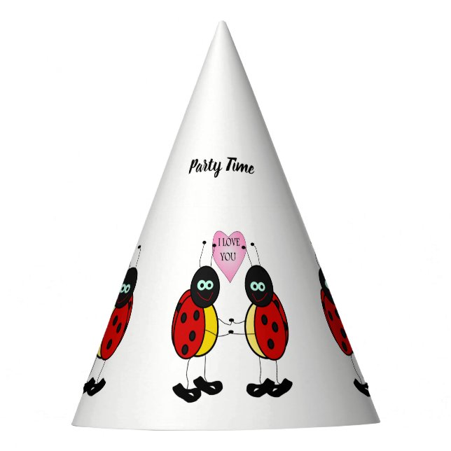 Ladybugs together holding hands in love party hat (Front)