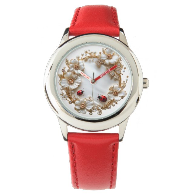 Ladybugs White Pearls Enamel Flowers Gold Watch (Front)