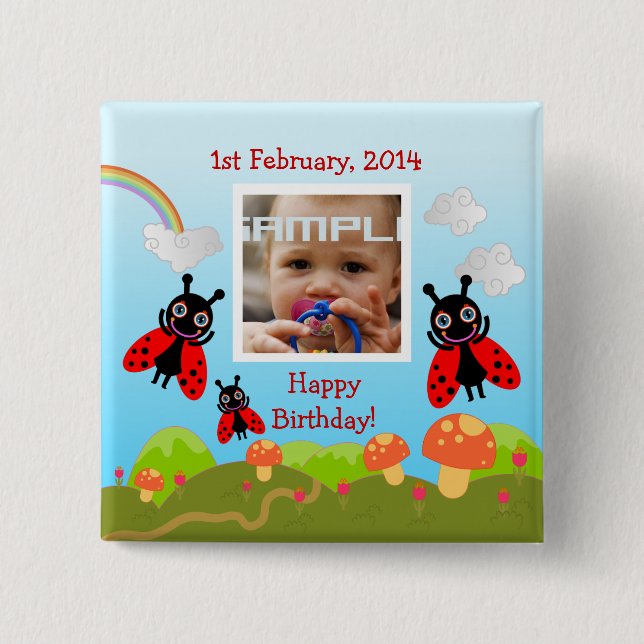 Ladybugs wishing happy birthday with photo 15 cm square badge (Front)