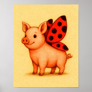 Ladypig Pig Wall Art, Ladybug Wings Pig  Poster