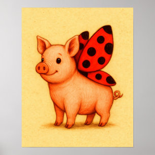 Ladypig Pig Wall Art, Ladybug Wings Pig  Poster