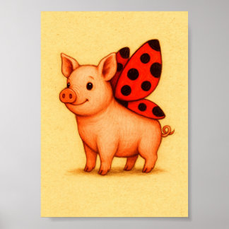 Ladypig Pig Wall Art, Ladybug Wings Pig Poster