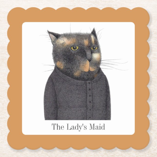 LADY'S MAID CAT Scallop Square Coasters + Text (Front)
