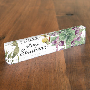 Ladys Slipper Orchid Flower Leaves Desk Name Plate