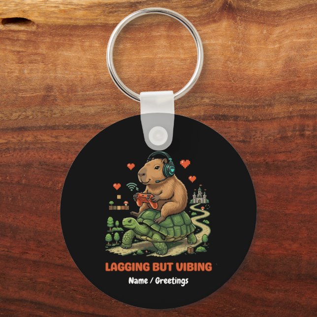 Lagging But Vibing Funny Capybara & Turtle Gamer  Key Ring (Front)