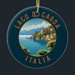 Lago di Garda Italia Retro Distressed Circle Ceramic Tree Decoration<br><div class="desc">Lake Garda vector art design. Lake Garda,  in northern Italy,  is known for its crystal clear water. At the south end,  the town of Sirmione is dominated by the Rocca Scaligera,  a fortress with harbour views.</div>