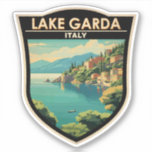 Lago di Garda Italia Travel Art Vintage<br><div class="desc">Lake Garda vector art design. Lake Garda,  in northern Italy,  is known for its crystal clear water. At the south end,  the town of Sirmione is dominated by the Rocca Scaligera,  a fortress with harbour views.</div>