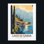 Lago di Garda Italia Travel Art Vintage Postcard<br><div class="desc">Lake Garda vector art design. Lake Garda,  in northern Italy,  is known for its crystal clear water. At the south end,  the town of Sirmione is dominated by the Rocca Scaligera,  a fortress with harbour views.</div>
