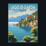 Lago di Garda Italia Travel Art Vintage Postcard<br><div class="desc">Lake Garda vector art design. Lake Garda,  in northern Italy,  is known for its crystal clear water. At the south end,  the town of Sirmione is dominated by the Rocca Scaligera,  a fortress with harbour views.</div>
