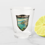 Lago di Garda Italia Travel Art Vintage Shot Glass<br><div class="desc">Lake Garda vector art design. Lake Garda,  in northern Italy,  is known for its crystal clear water. At the south end,  the town of Sirmione is dominated by the Rocca Scaligera,  a fortress with harbour views.</div>