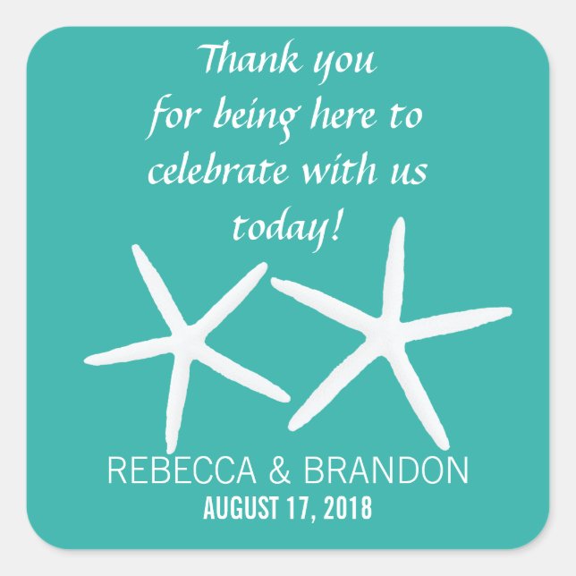 Lagoon Blue Starfish Square Wedding Favour Label (Front)