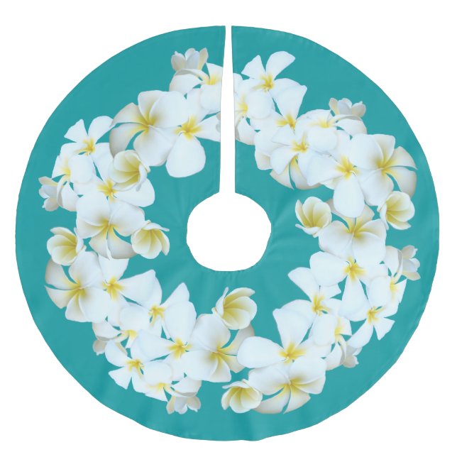 Lagoon Blue Tropical Plumeria Christmas Tree Skirt (Front)