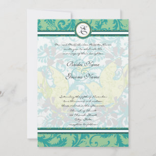Lagoon Endive Vintage Birds Damask Grey Wedding Invitation