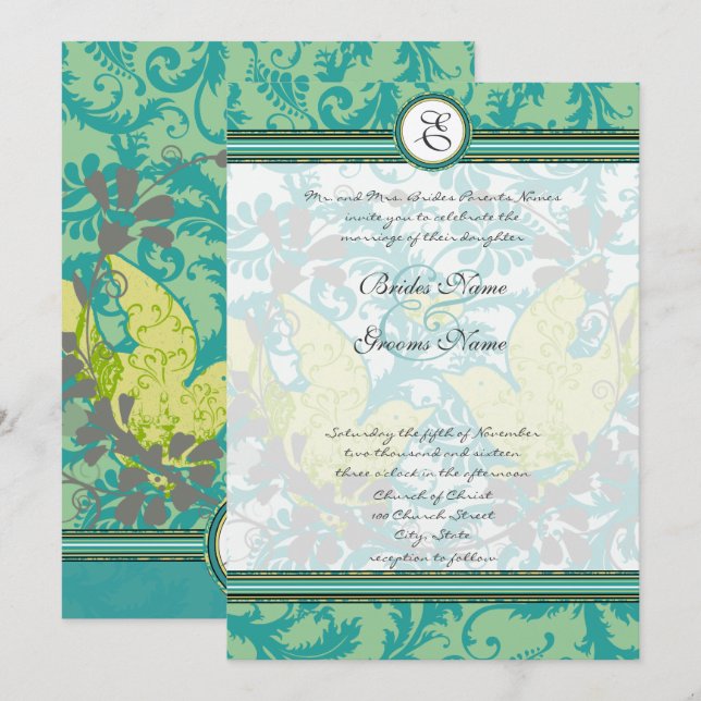 Lagoon Endive Vintage Love Birds Damask Wedding Invitation (Front/Back)
