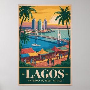 Lagos Nigeria Illustration Travel Art Vintage Poster