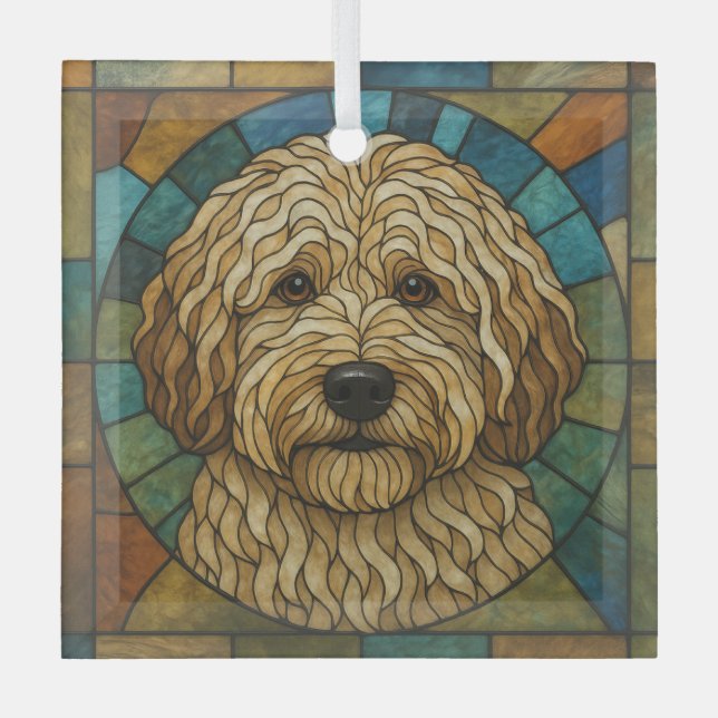 Lagotto Romagnolo Dog "Stained Glass" Glass Tree Decoration (Front)