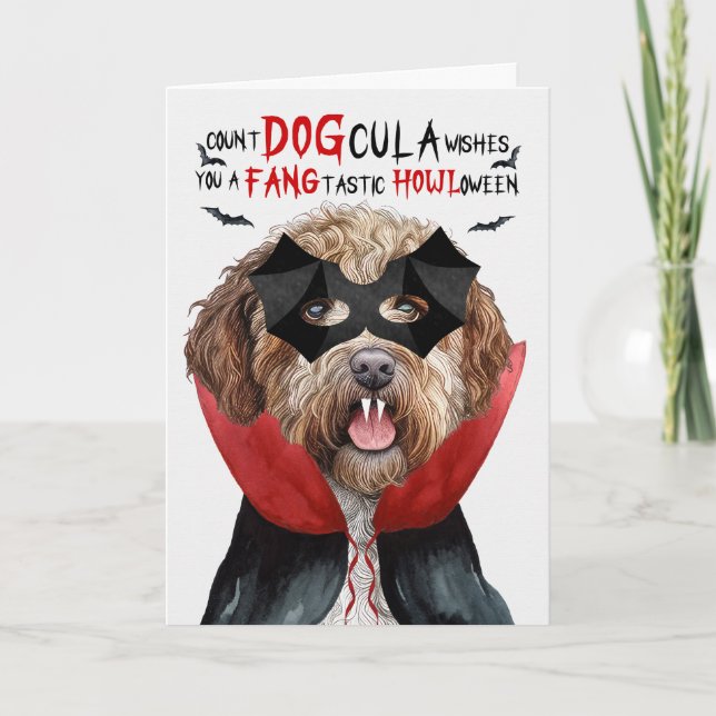 Lagotto Romagnolo Funny Count DOGcula Halloween Holiday Card (Front)