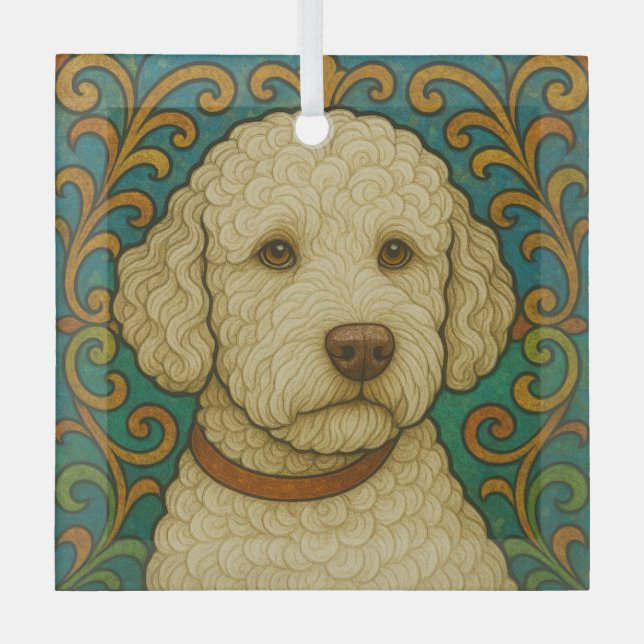 Lagotto Romagnolo "Stained Glass"  Glass Tree Decoration (Front)