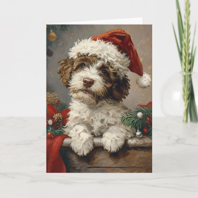 Lagotto Romagnolo vintage personalised Christmas Holiday Card (Front)