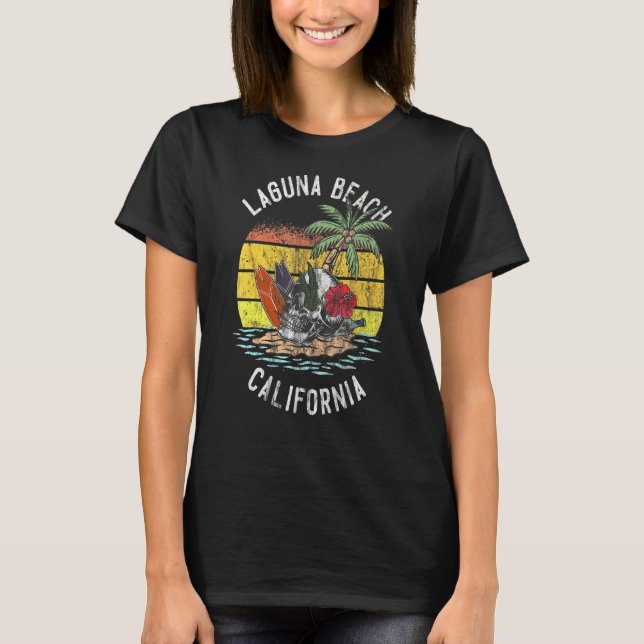 Laguna Beach California Palms Skull Surf Sunset Va T-Shirt (Front)