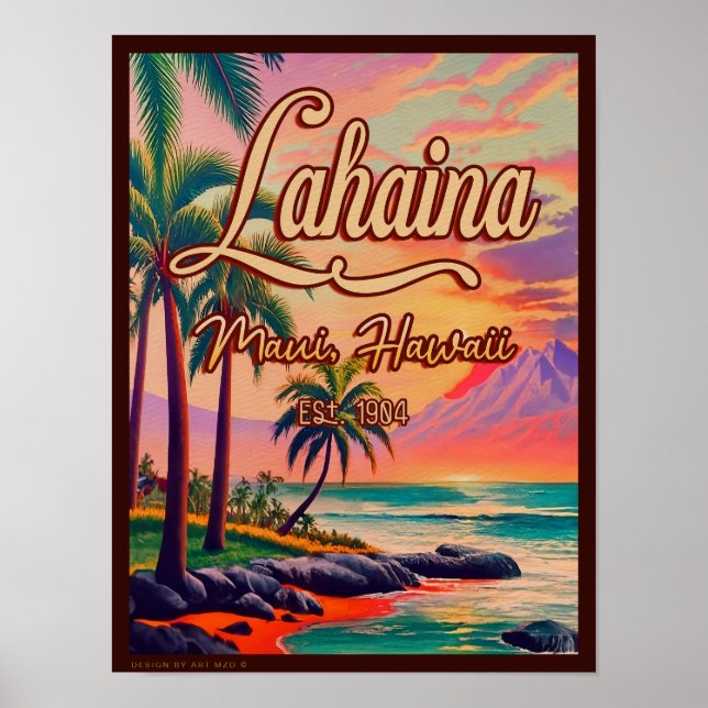 Lahaina Maui Hawaii Retro Sunset Souvenir 1950s Poster (Front)