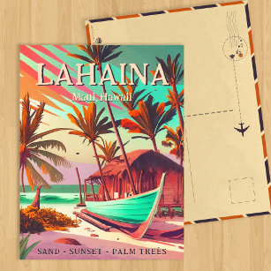 Lahaina Maui Hawaii tropical sunset palm tree 60s Postcard