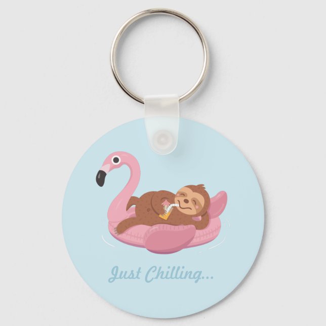 Laid Back Lazy Sloth Pink Flamingo Float Keychain (Front)