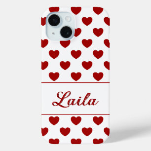 Laila - Custom Name - Red Hearts Polka Dot Pattern iPhone 15 Case