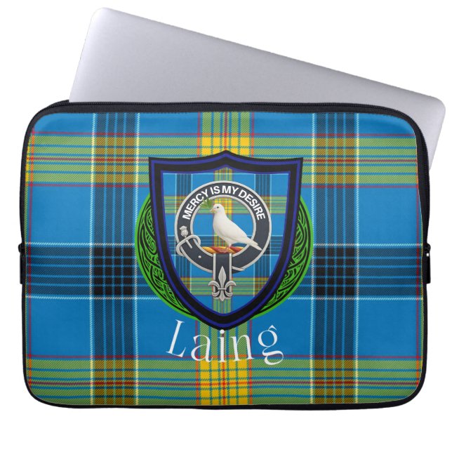 Laing Scottish Clan Tartan & Crest Laptop Sleeve (Front)