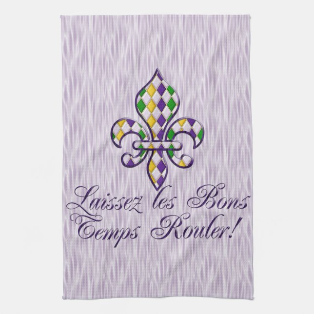 Laissez les Bons Temps Rouler Mardi Gras Fleur d2 Tea Towel (Vertical)