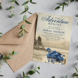 Lake Adventure Begins Brown and Navy Baby Shower Invitation