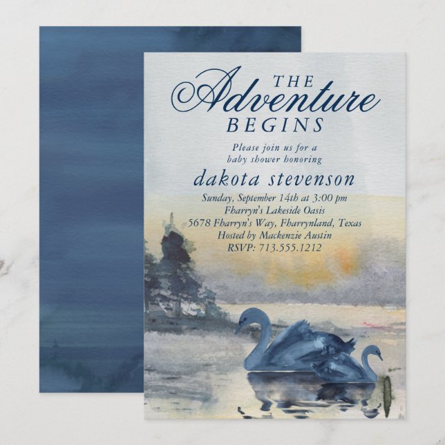 Lake Adventure Begins | Rustic Swan Baby Shower Invitation (Front/Back)