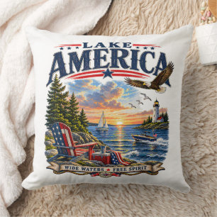 Lake America Sunset Patriotic Eagle Cushion