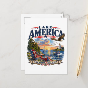 Lake America Sunset Patriotic Eagle Holiday Postcard