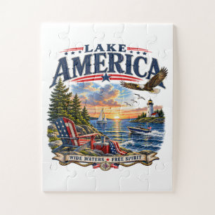 Lake America Sunset Patriotic Eagle Jigsaw Puzzle